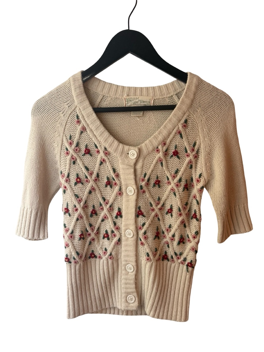 Flying Tomato Cream Knit Short-Sleeve Cardigan with Red Floral Embroidery